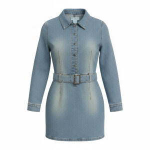 Neeso Vintage Belted Denim Long Sleeve Shirt Dress